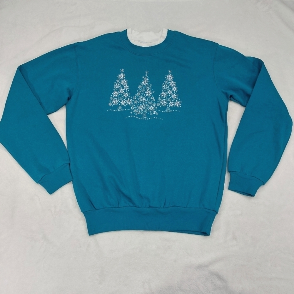 MORNING SUN WOMENS VTG TEAL BLUE HOLIDAY RHINESTONE CHRISTMAS TREE SWEATSHIRT S